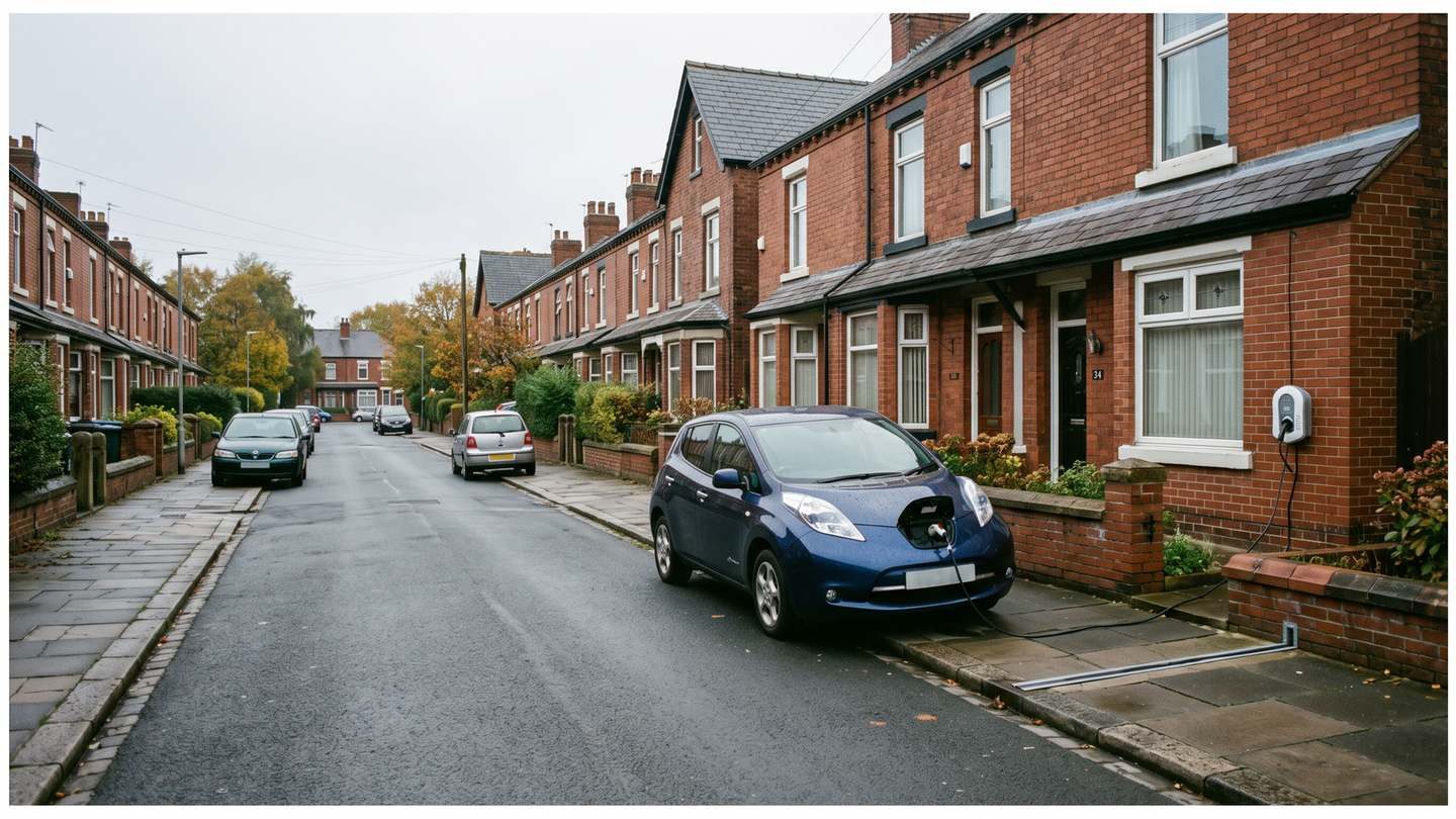 Terraced street home charger with the cable in a cross-pavement channel, an on-street EV chargepoint grant set-up