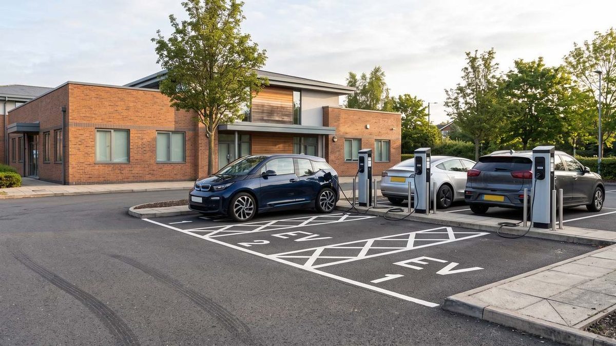 Workplace car park with EV charging bays funded by the Workplace Charging Scheme